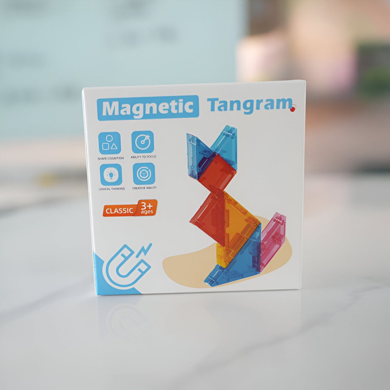 Joc Magnetic Tangram, 7 Piese Magnetice, Forme Geometrice, 3 Ani, EVA, ABS, Magnet, 10.5 x 10.5 x 2.2 cm, Multicolor
