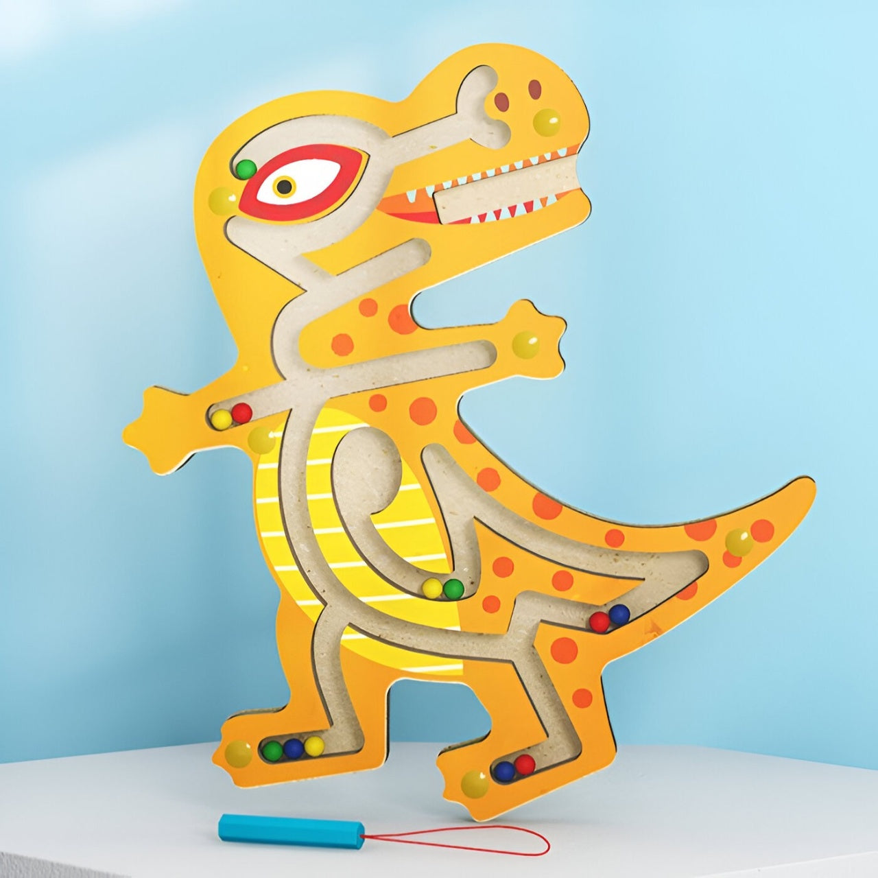 Joc Montessori cu Bile, Creion Magnetic, Tip Labirint, din Lemn, Model Tiranozaur, 21x18 cm, Portocaliu