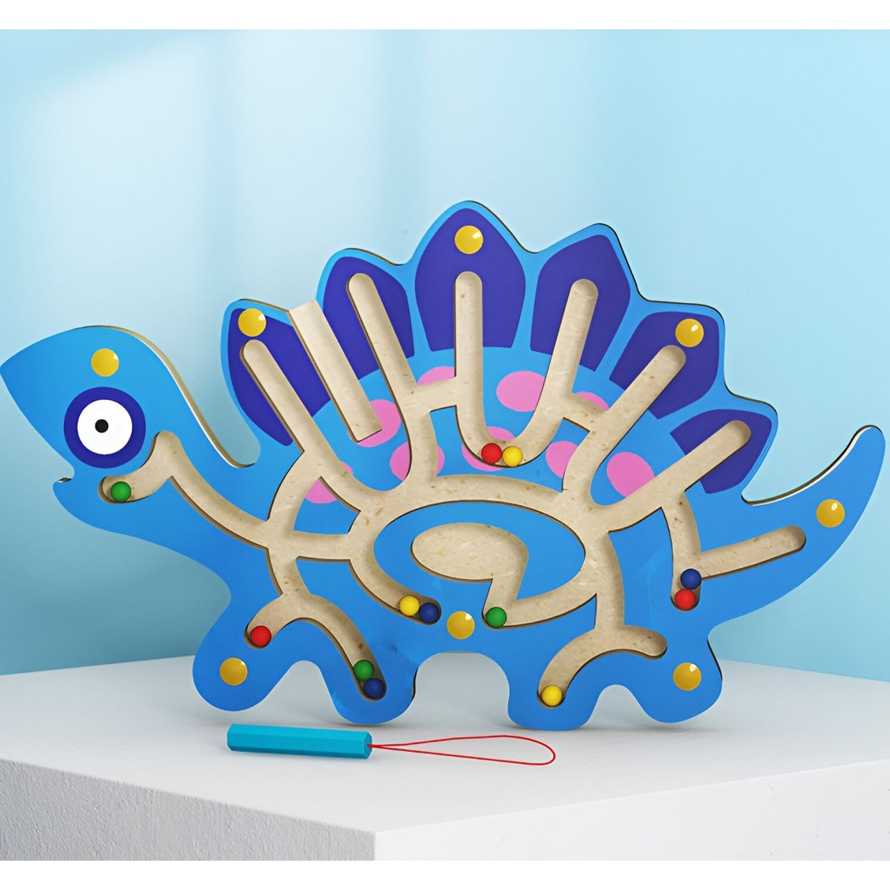 Joc Montessori cu Bile, Creion Magnetic, Tip Labirint, din Lemn, Model Stegozaur, 25x15.5 cm, Albastru