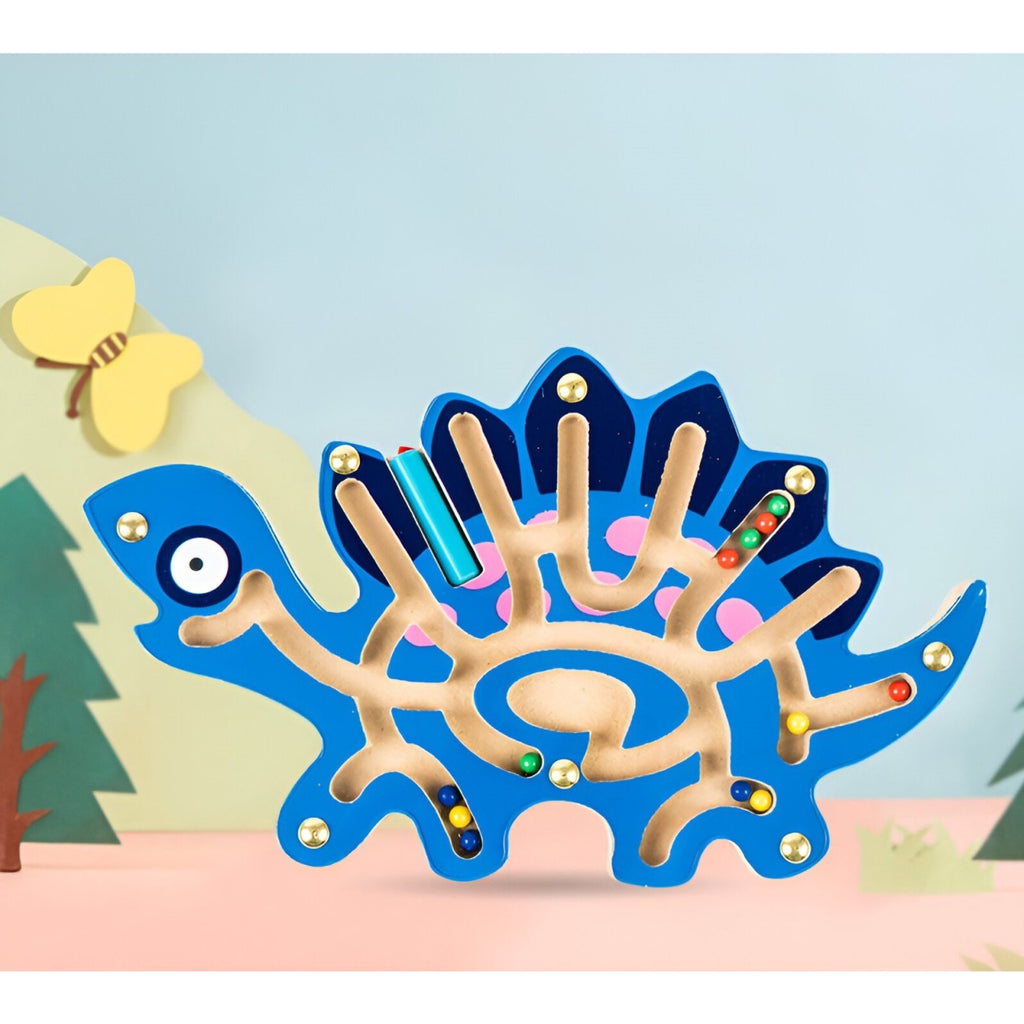 Joc Montessori cu Bile, Creion Magnetic, Tip Labirint, din Lemn, Model Stegozaur, 25x15.5 cm, Albastru