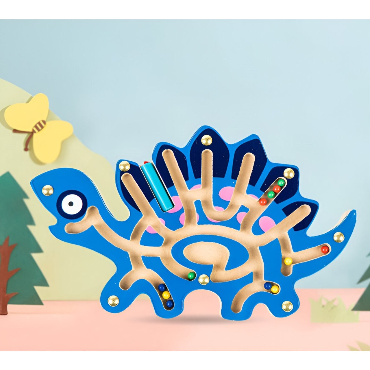 Joc Montessori cu Bile, Creion Magnetic, Tip Labirint, din Lemn, Model Stegozaur, 25x15.5 cm, Albastru