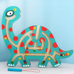 Joc Montessori cu Bile, Creion Magnetic, Tip Labirint, din Lemn, Model Brontozaur, 18x21 cm, Verde