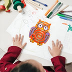 Joc Montessori cu Bile, Creion Magnetic, Tip Labirint, din Lemn, Model Bufnita, 18.5x17.5 cm, Portocaliu-Mov