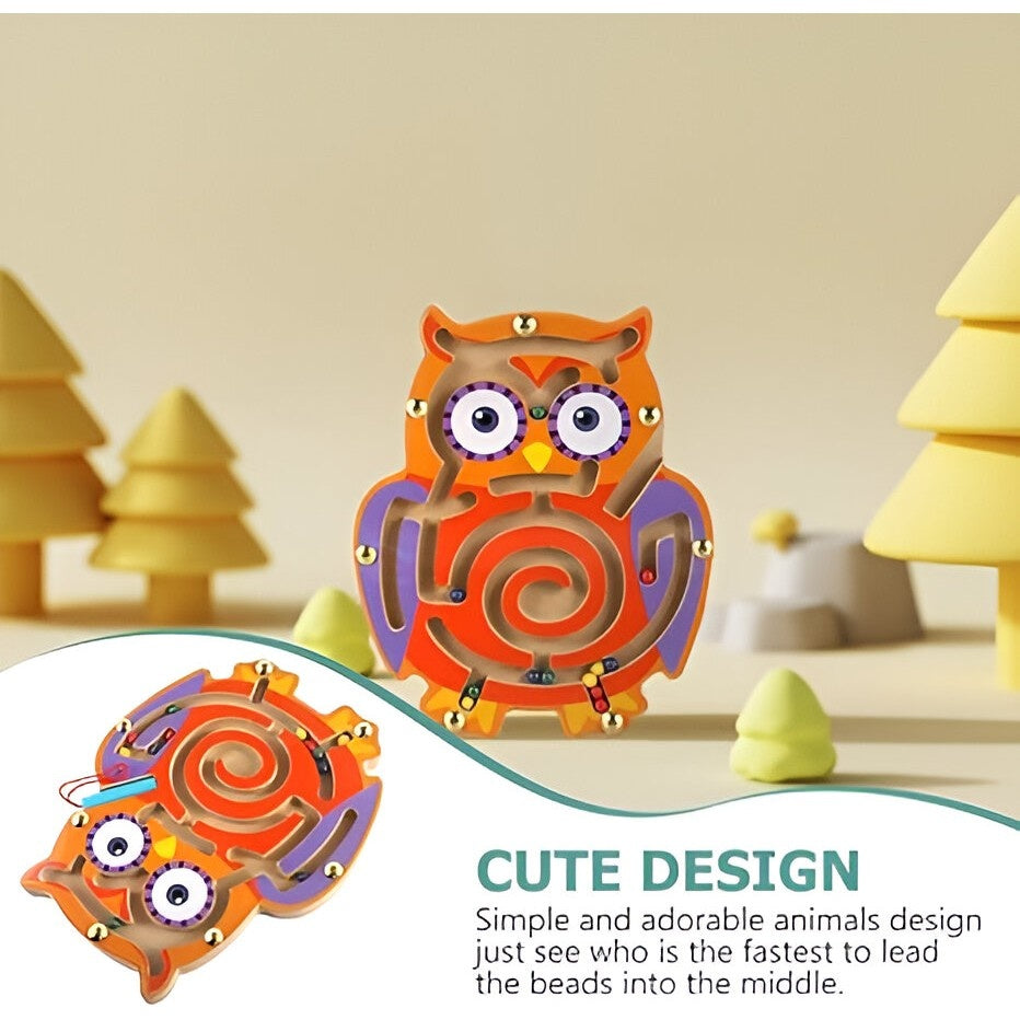 Joc Montessori cu Bile, Creion Magnetic, Tip Labirint, din Lemn, Model Bufnita, 18.5x17.5 cm, Portocaliu-Mov