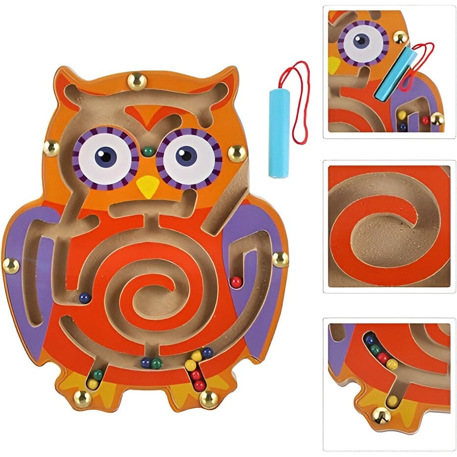 Joc Montessori cu Bile, Creion Magnetic, Tip Labirint, din Lemn, Model Bufnita, 18.5x17.5 cm, Portocaliu-Mov