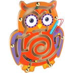 Joc Montessori cu Bile, Creion Magnetic, Tip Labirint, din Lemn, Model Bufnita, 18.5x17.5 cm, Portocaliu-Mov