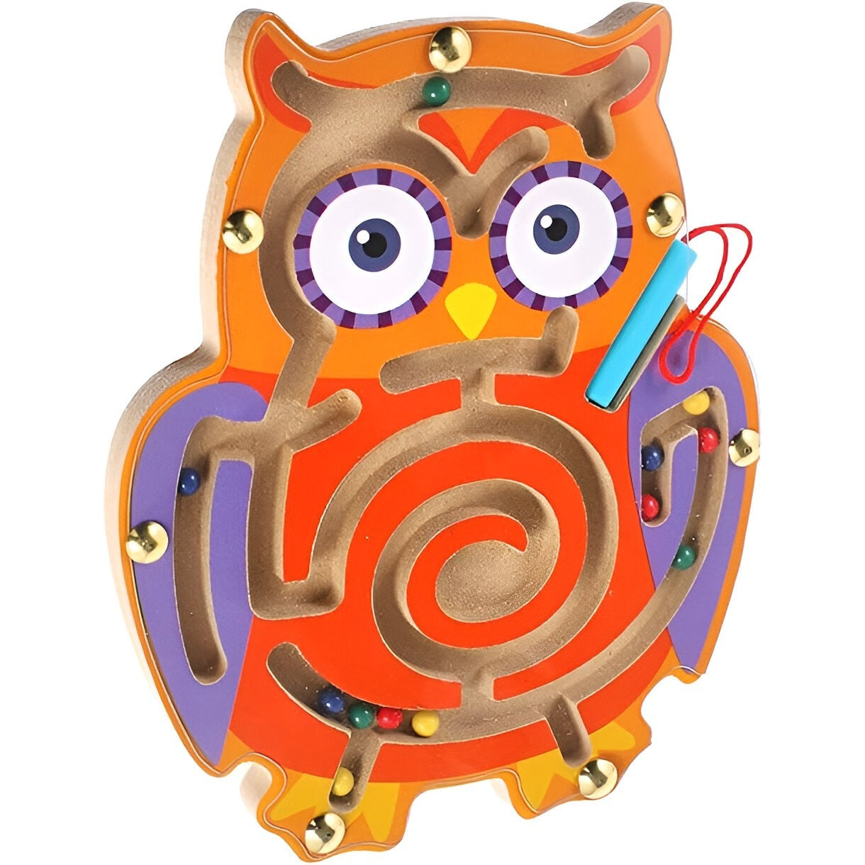 Joc Montessori cu Bile, Creion Magnetic, Tip Labirint, din Lemn, Model Bufnita, 18.5x17.5 cm, Portocaliu-Mov