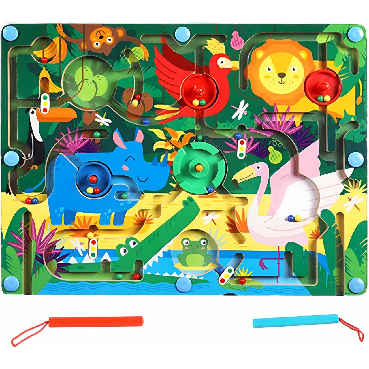 Joc Montessori de Sortare Culori, Creion Magnetic, Tip Labirint Ilustrat, din Lemn, Model Animale Salbatice, 39x29x1.5 cm