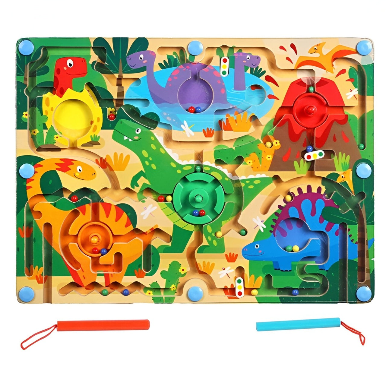 Joc Montessori de Sortare Culori, Creion Magnetic, Tip Labirint Ilustrat, din Lemn, Model Dinozauri, 39x29x1.5 cm