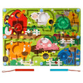 Joc Montessori de Sortare Culori, Creion Magnetic, Tip Labirint Ilustrat, din Lemn, Model Ferma, 39x29x1.5 cm