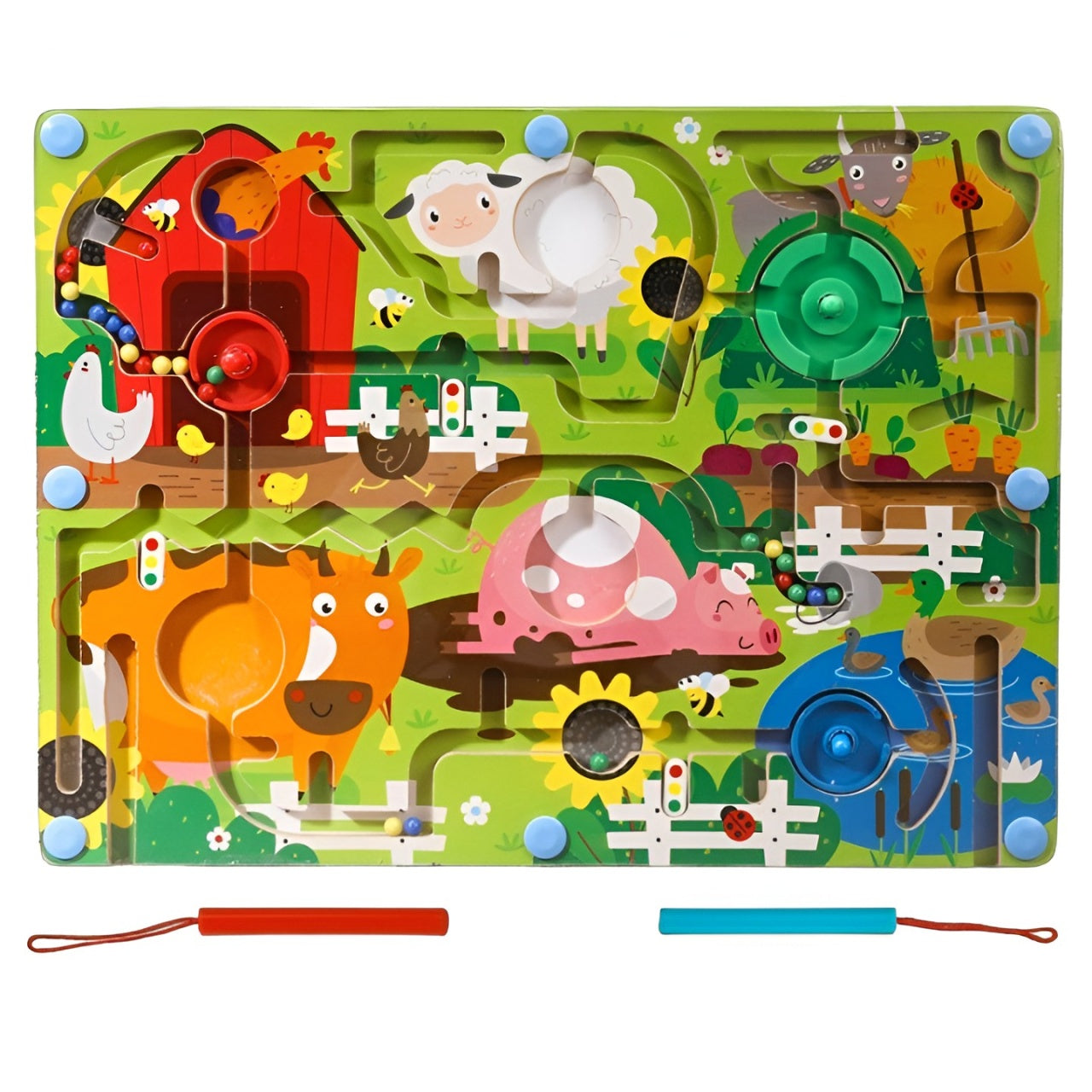 Joc Montessori de Sortare Culori, Creion Magnetic, Tip Labirint Ilustrat, din Lemn, Model Ferma, 39x29x1.5 cm
