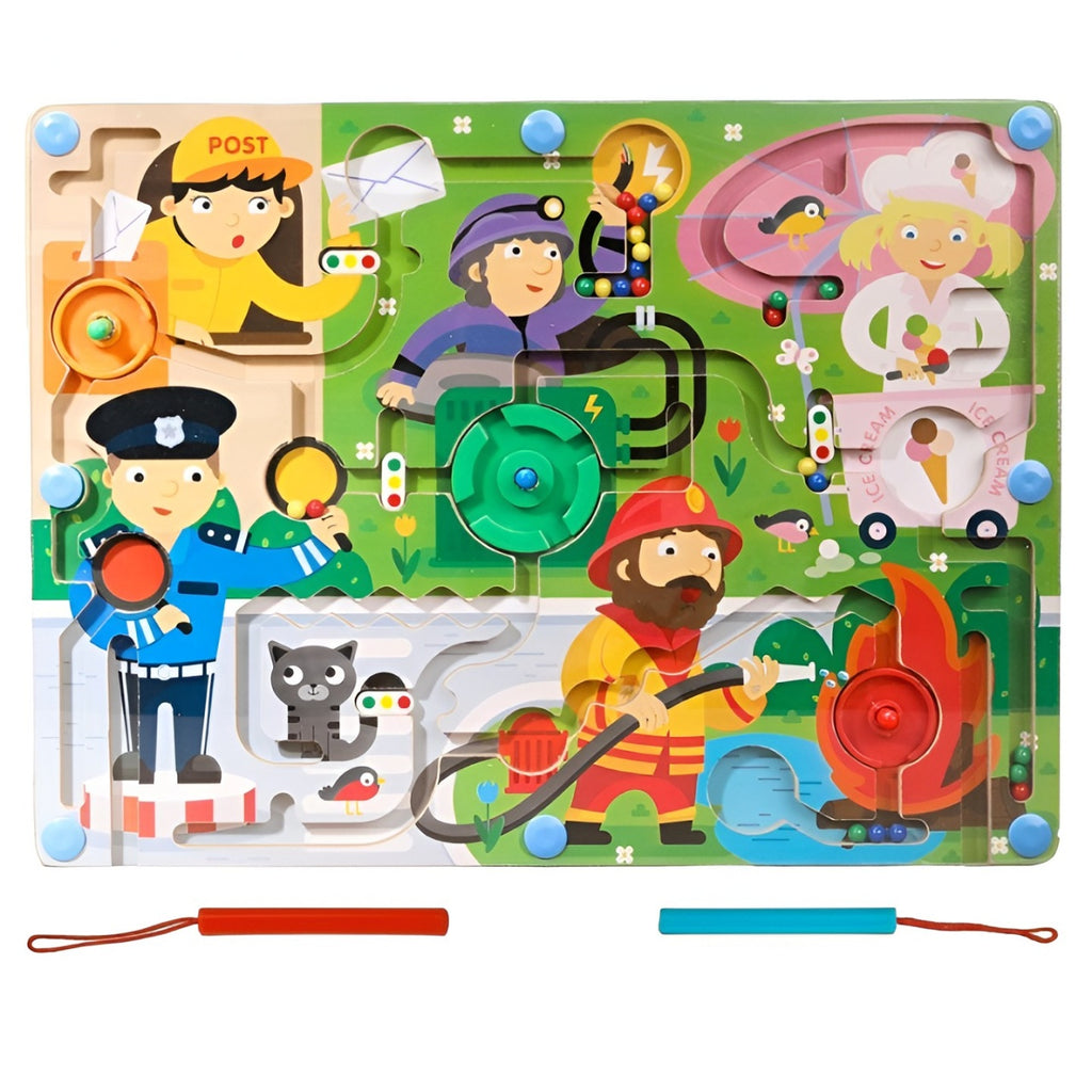 Joc Montessori de Sortare Culori, Creion Magnetic, Tip Labirint Ilustrat, din Lemn, Model Meserii, 39x29x1.5 cm