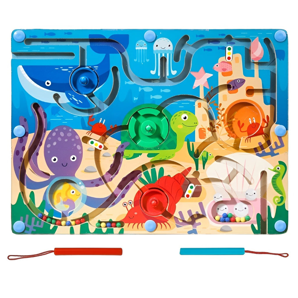 Joc Montessori de Sortare Culori, Creion Magnetic, Tip Labirint Ilustrat, din Lemn, Model Animale Marine, 39x29x1.5 cm