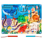 Joc Montessori de Sortare Culori, Creion Magnetic, Tip Labirint Ilustrat, din Lemn, Model Animale Marine, 39x29x1.5 cm