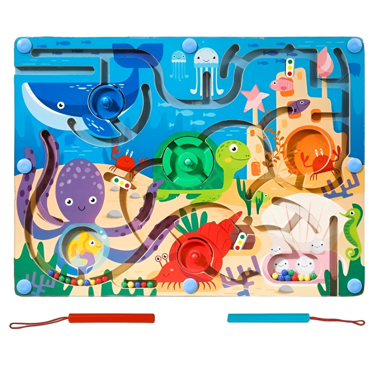 Joc Montessori de Sortare Culori, Creion Magnetic, Tip Labirint Ilustrat, din Lemn, Model Animale Marine, 39x29x1.5 cm