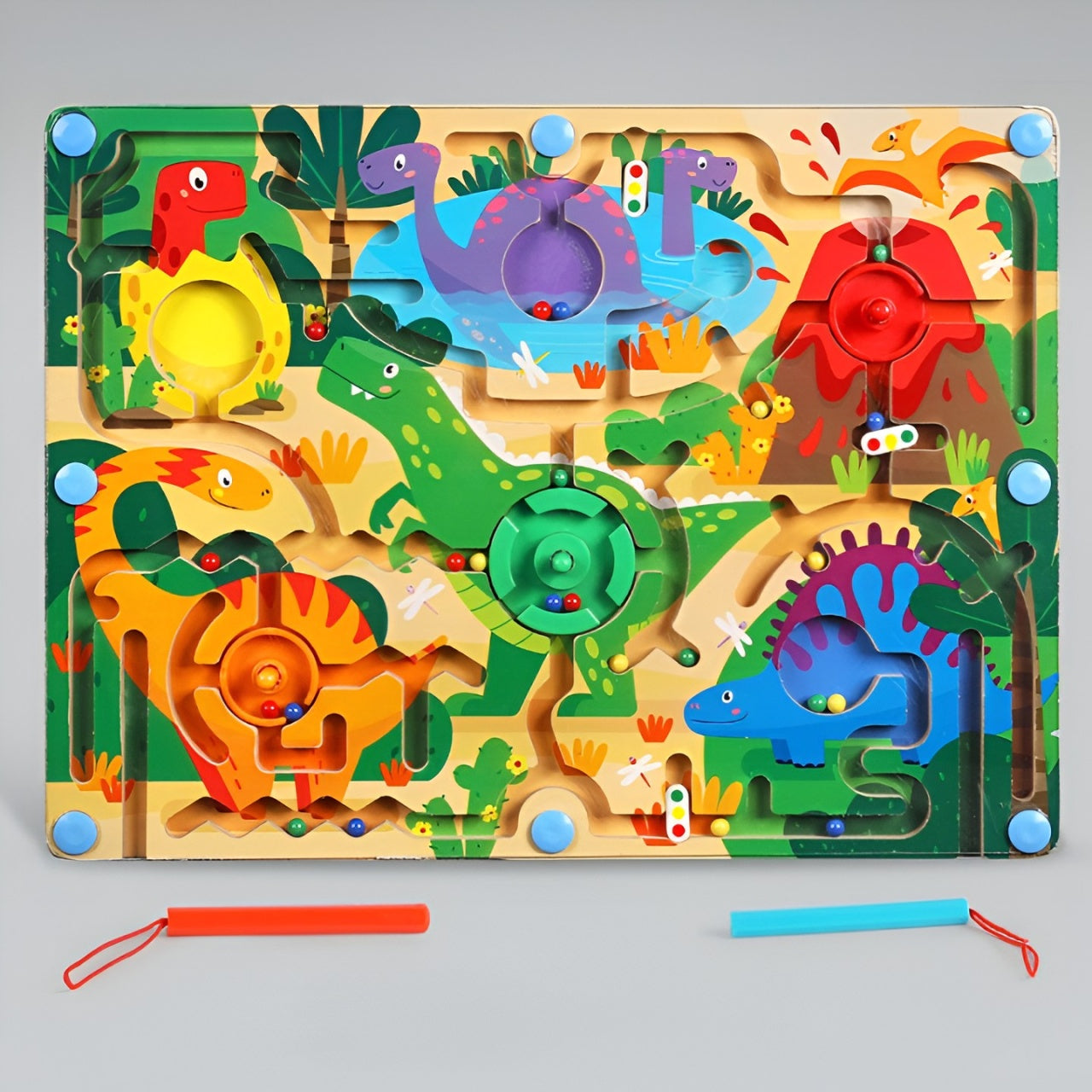 Joc Montessori de Sortare Culori, Creion Magnetic, Tip Labirint Ilustrat, din Lemn, Model Dinozauri, 39x29x1.5 cm