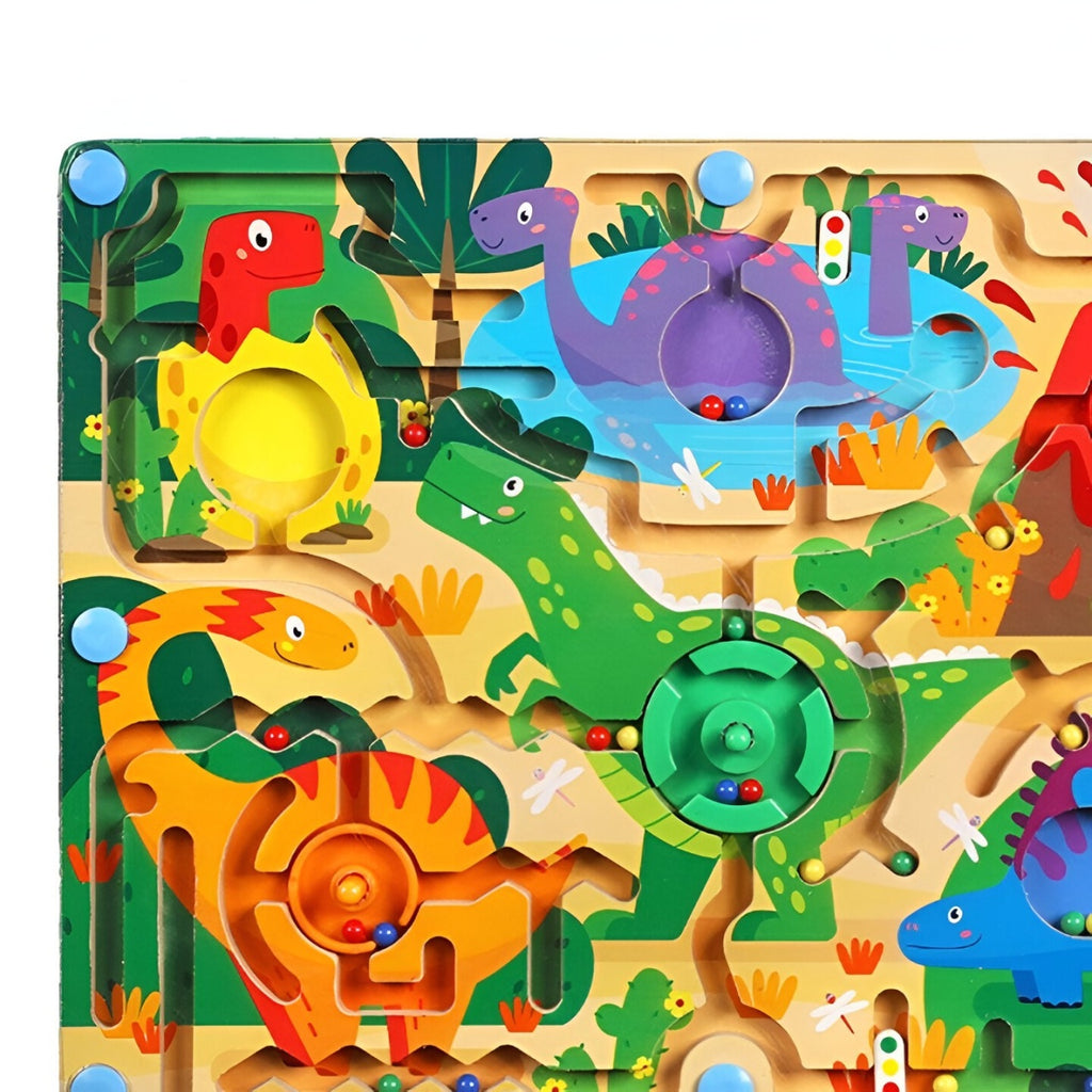 Joc Montessori de Sortare Culori, Creion Magnetic, Tip Labirint Ilustrat, din Lemn, Model Dinozauri, 39x29x1.5 cm