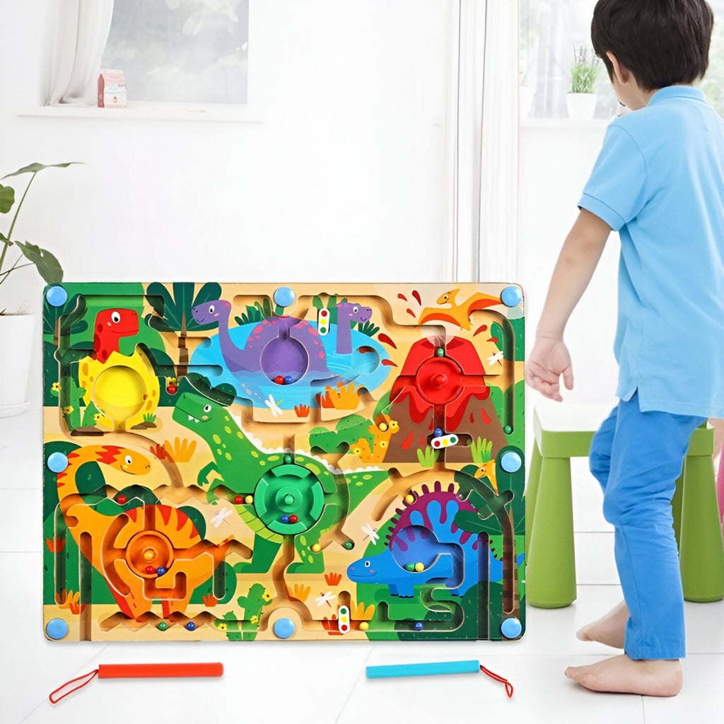 Joc Montessori de Sortare Culori, Creion Magnetic, Tip Labirint Ilustrat, din Lemn, Model Dinozauri, 39x29x1.5 cm