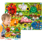 Joc Montessori de Sortare Culori, Creion Magnetic, Tip Labirint Ilustrat, din Lemn, Model Ferma, 39x29x1.5 cm