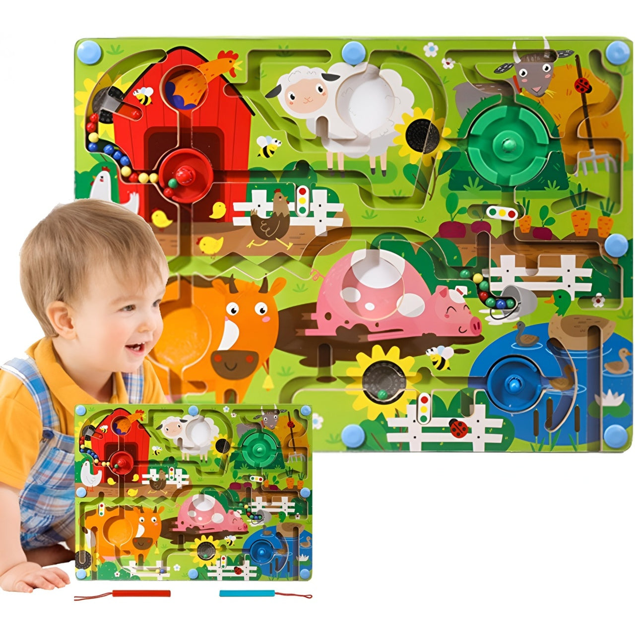 Joc Montessori de Sortare Culori, Creion Magnetic, Tip Labirint Ilustrat, din Lemn, Model Ferma, 39x29x1.5 cm