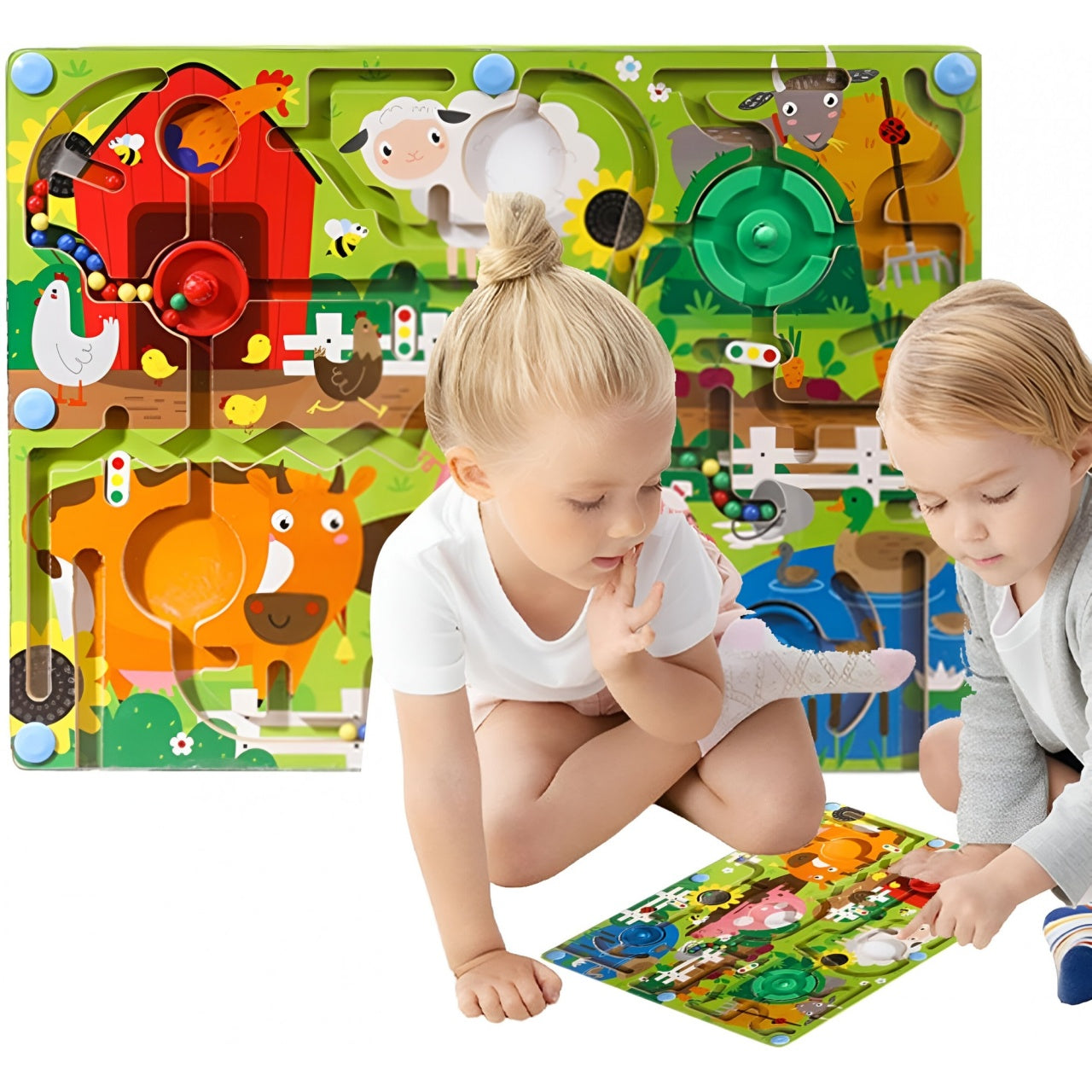 Joc Montessori de Sortare Culori, Creion Magnetic, Tip Labirint Ilustrat, din Lemn, Model Ferma, 39x29x1.5 cm