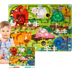 Joc Montessori de Sortare Culori, Creion Magnetic, Tip Labirint Ilustrat, din Lemn, Model Ferma, 39x29x1.5 cm