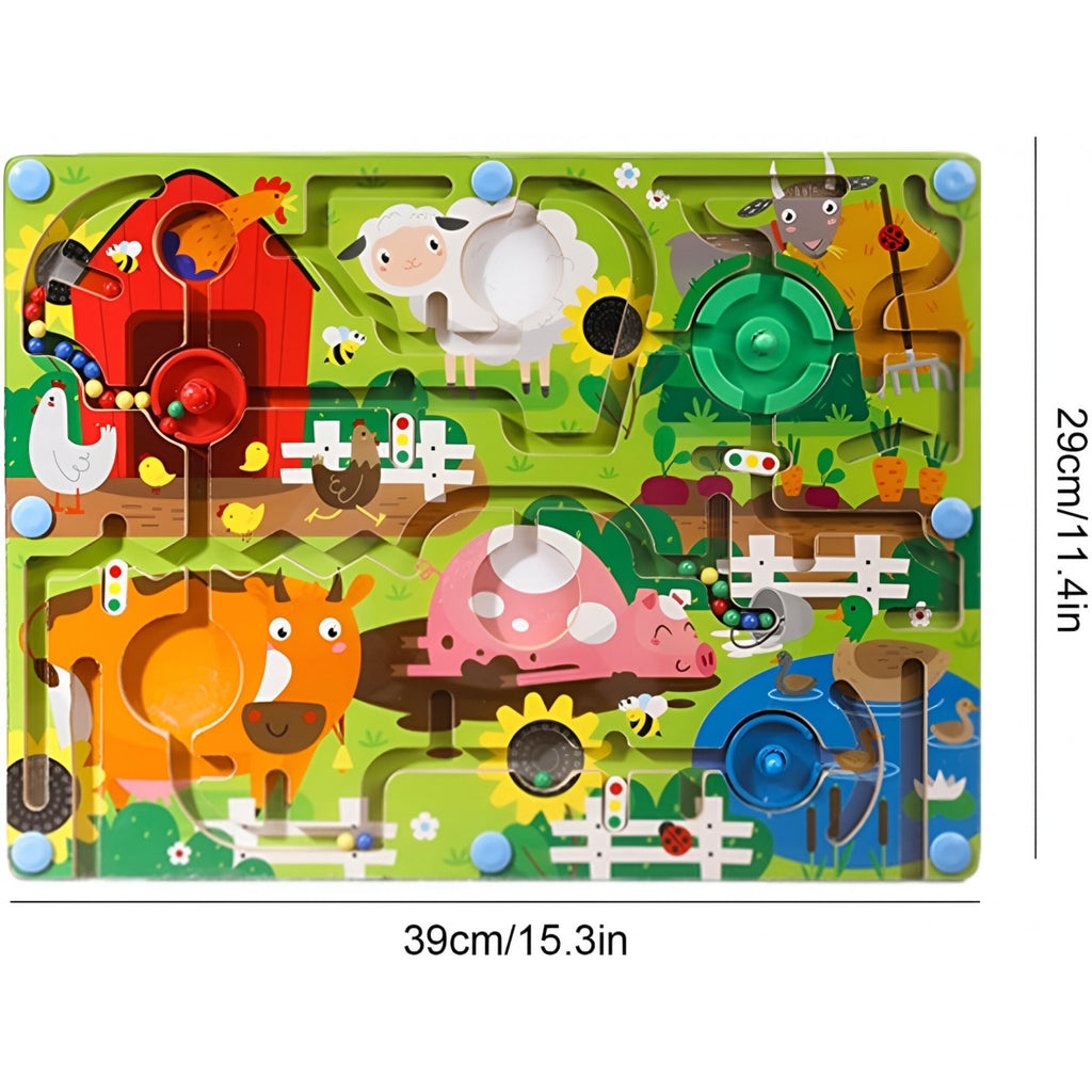 Joc Montessori de Sortare Culori, Creion Magnetic, Tip Labirint Ilustrat, din Lemn, Model Ferma, 39x29x1.5 cm