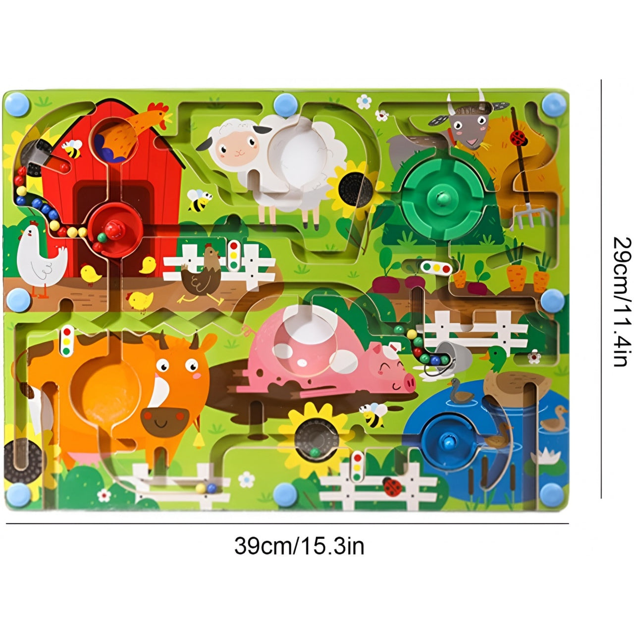 Joc Montessori de Sortare Culori, Creion Magnetic, Tip Labirint Ilustrat, din Lemn, Model Ferma, 39x29x1.5 cm