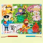 Joc Montessori de Sortare Culori, Creion Magnetic, Tip Labirint Ilustrat, din Lemn, Model Meserii, 39x29x1.5 cm