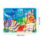 Joc Montessori de Sortare Culori, Creion Magnetic, Tip Labirint Ilustrat, din Lemn, Model Animale Marine, 39x29x1.5 cm