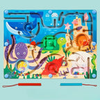 Joc Montessori de Sortare Culori, Creion Magnetic, Tip Labirint Ilustrat, din Lemn, Model Animale Marine, 39x29x1.5 cm