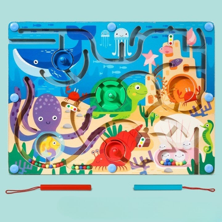Joc Montessori de Sortare Culori, Creion Magnetic, Tip Labirint Ilustrat, din Lemn, Model Animale Marine, 39x29x1.5 cm