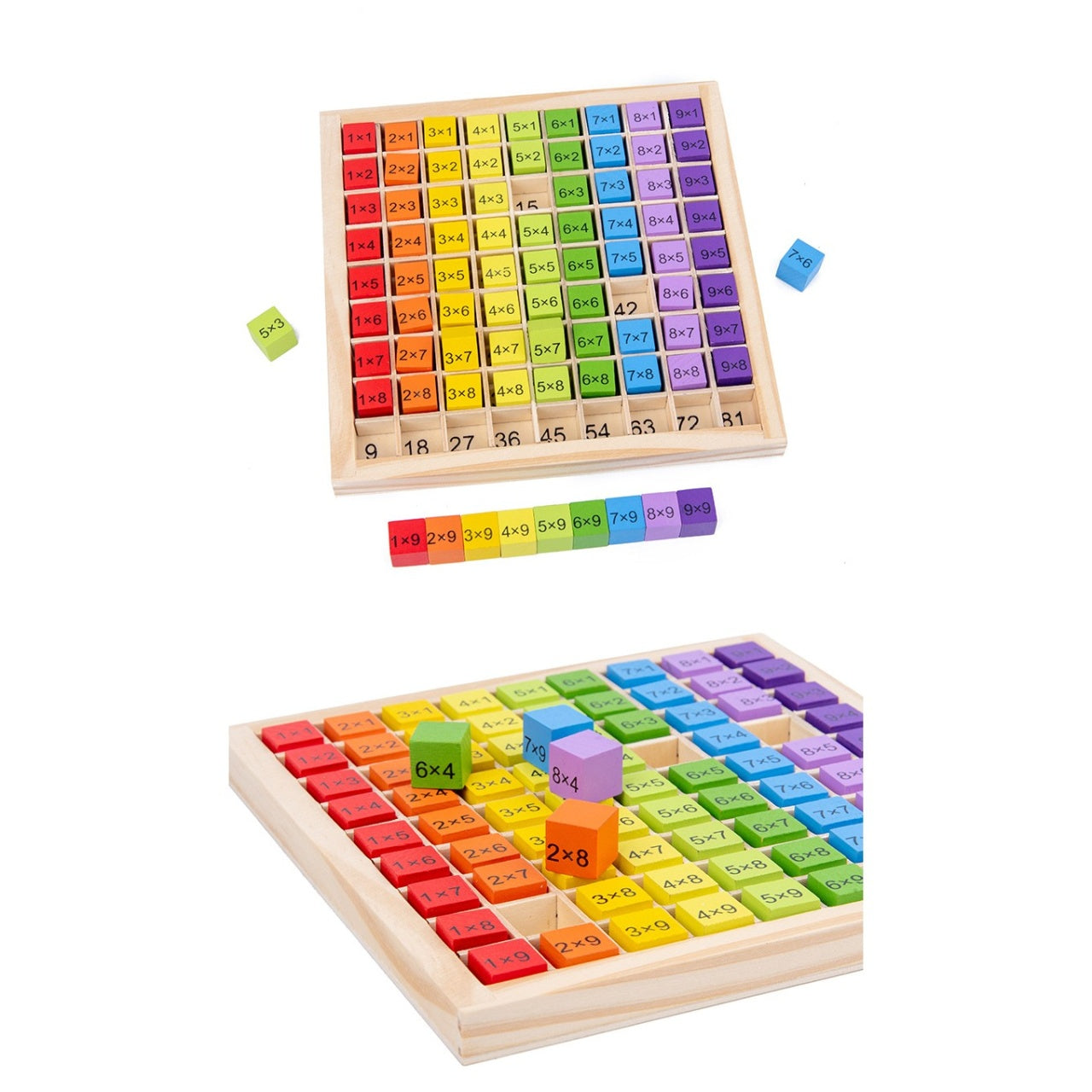 Joc Montessori din Lemn, Tabla Inmultirii, Blocuri, Tabel de Multiplicare pana la 9x9, Multicolor, 18x18x1.5 cm