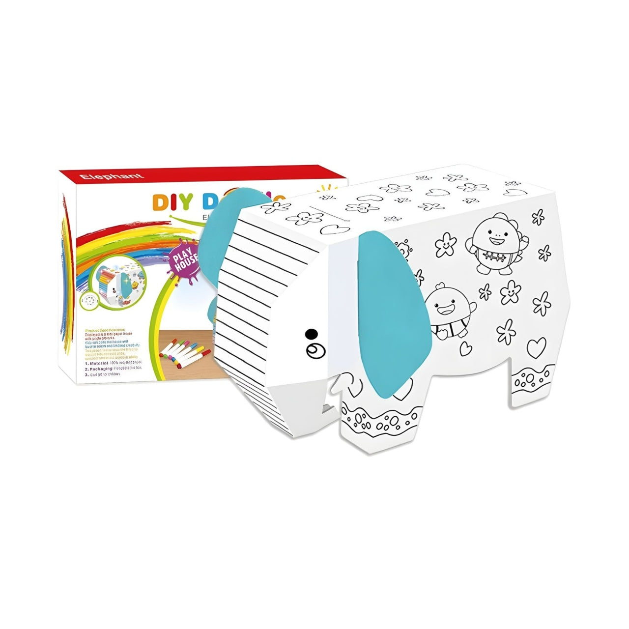 Jucarie Creativa pentru Copii, Model Elefant 3D, Set de Asamblat si Colorat din Carton, Puzzle 3D Educativ, 34 x 14 x 23 cm, 3+ ani, Multicolor