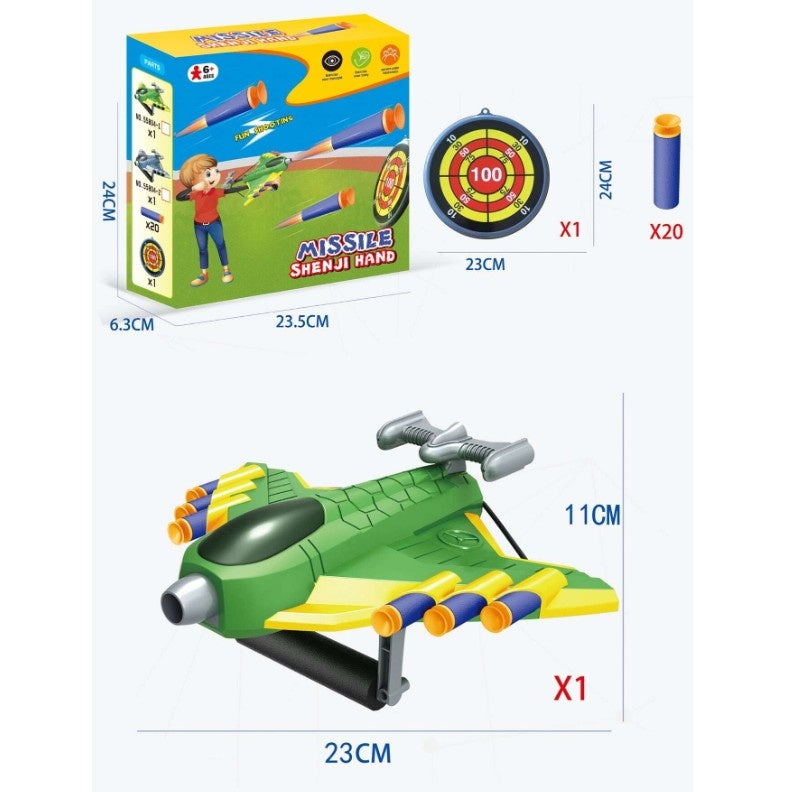Jucarie cu Lansator pentru Copii, Lanseaza Manual, Tinta, Avion, 20 de Gloante din Material Moale, Verde