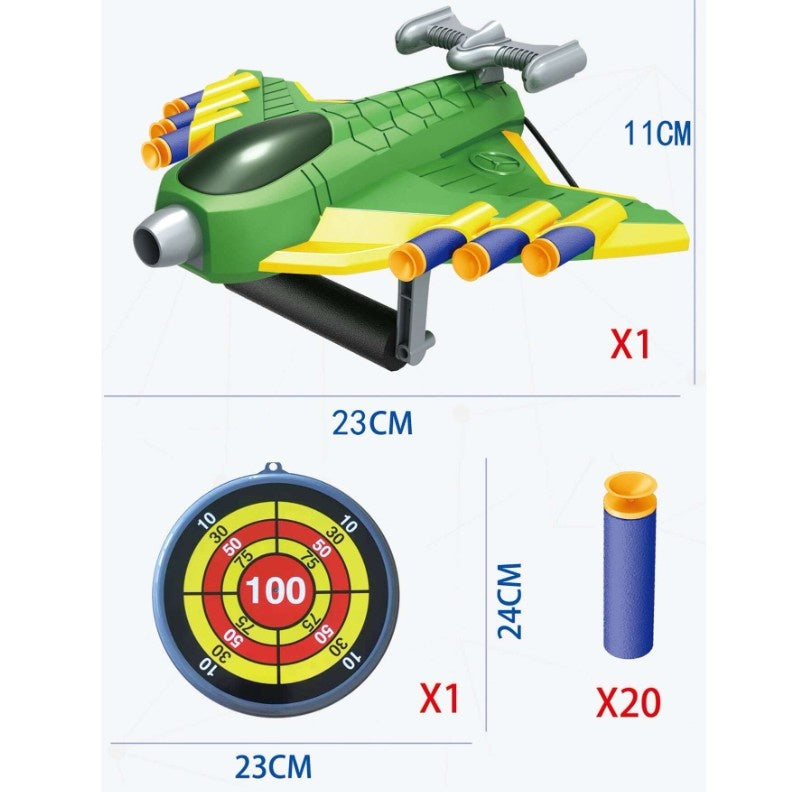 Jucarie cu Lansator pentru Copii, Lanseaza Manual, Tinta, Avion, 20 de Gloante din Material Moale, Verde
