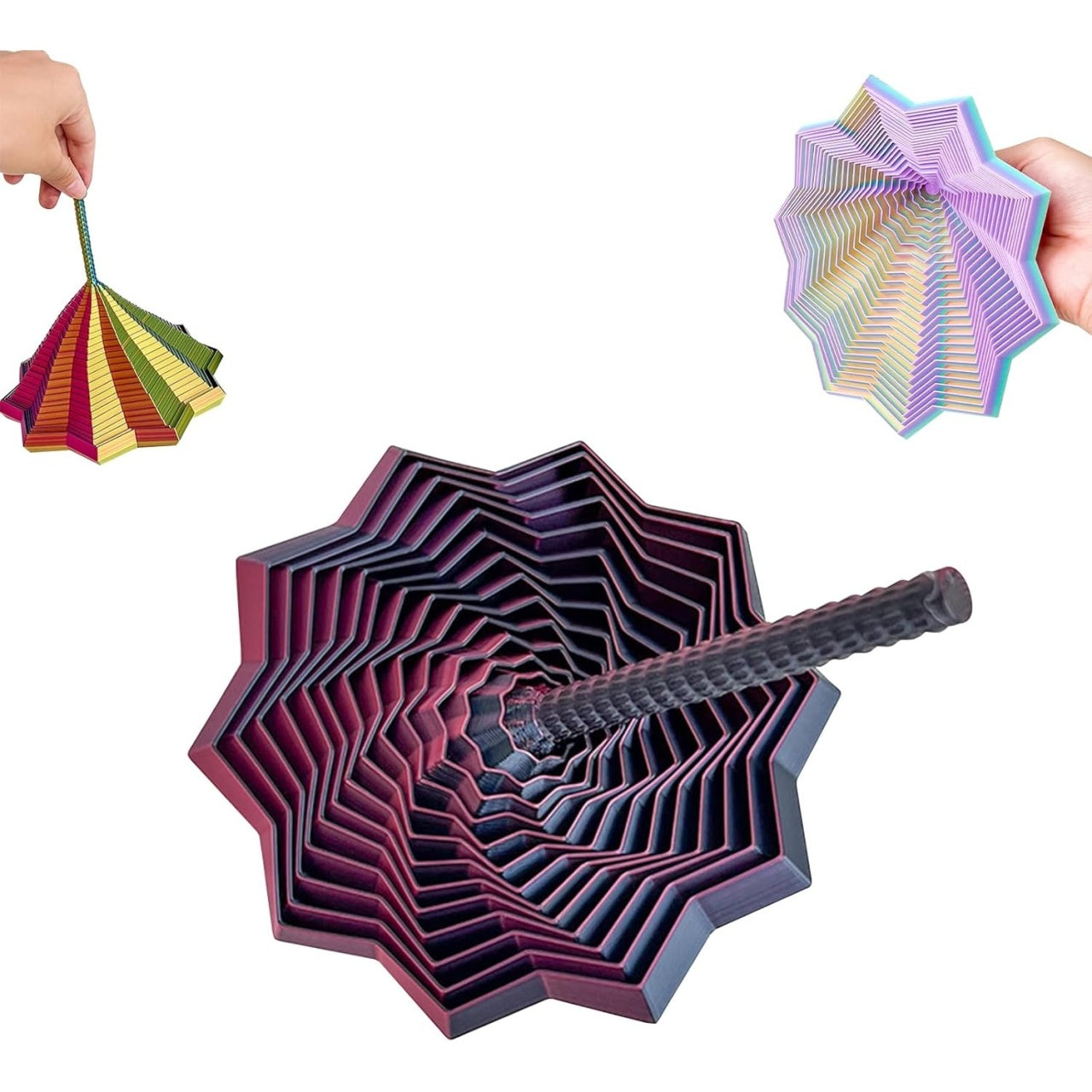 Jucarie Decompresie, Model Stea 3D, DuoChrome, Maner Spirala, Turn Magic Geometric, Multiple Forme, Anti-stress, 17 cm, Negru/Rosu