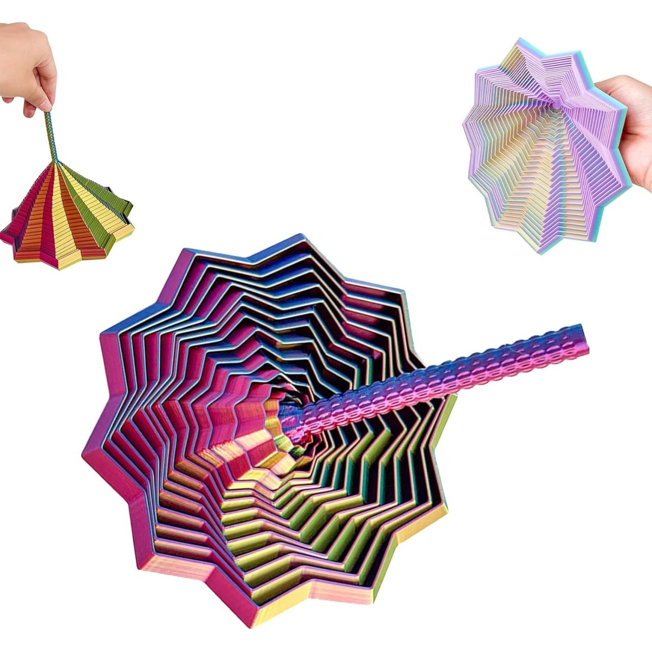 Jucarie Decompresie, Model Stea 3D, DuoChrome, Maner Spirala, Turn Magic Geometric, Multiple Forme, Anti-stress, 17 cm, Albastru Rosu Verde