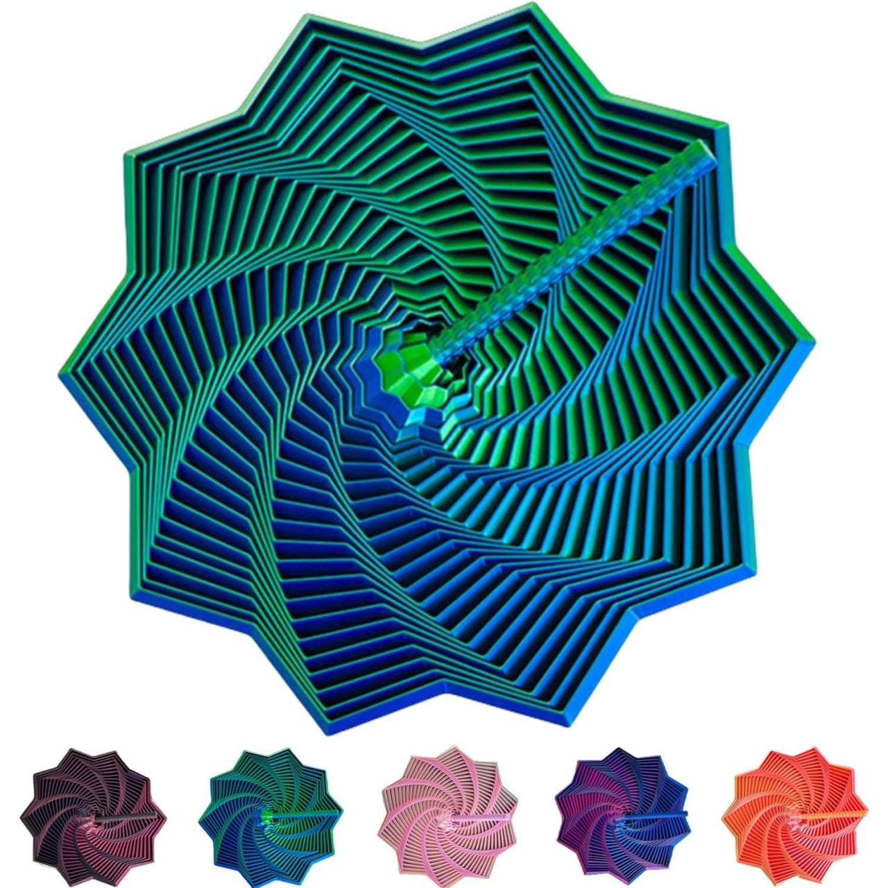 Jucarie Decompresie, Model Stea 3D, DuoChrome, Maner Spirala, Turn Magic Geometric, Multiple Forme, Anti-stress, 11 cm, Verde/Albastru