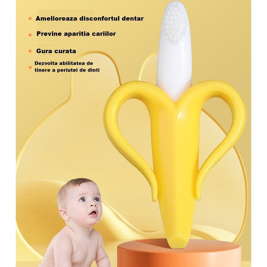 Jucarie dentitie bebelusi banana, material silicon non-toxic, 3m+