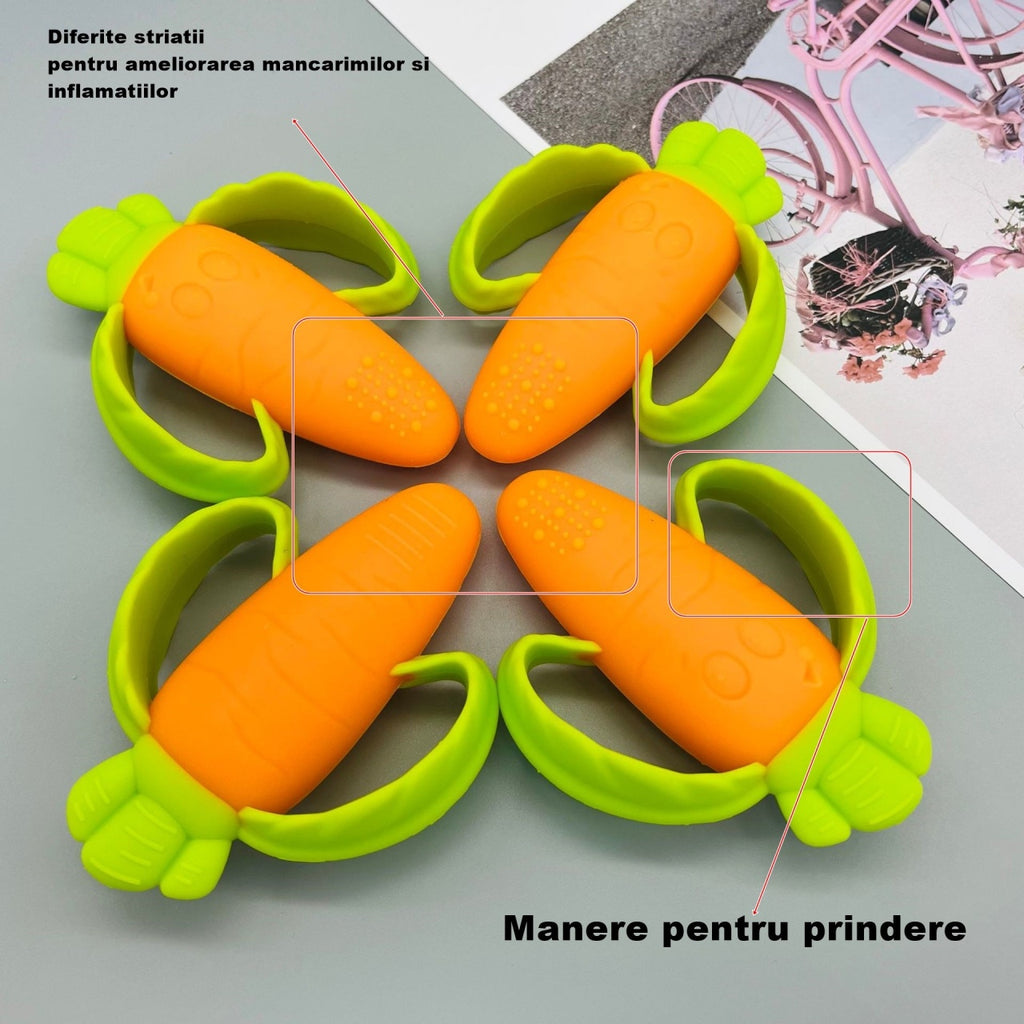 Jucarie dentitie bebelusi morcov, 10x7.5x2.8 cm, cu manere de prindere, material silicon non-toxic, fara miros, portocaliu
