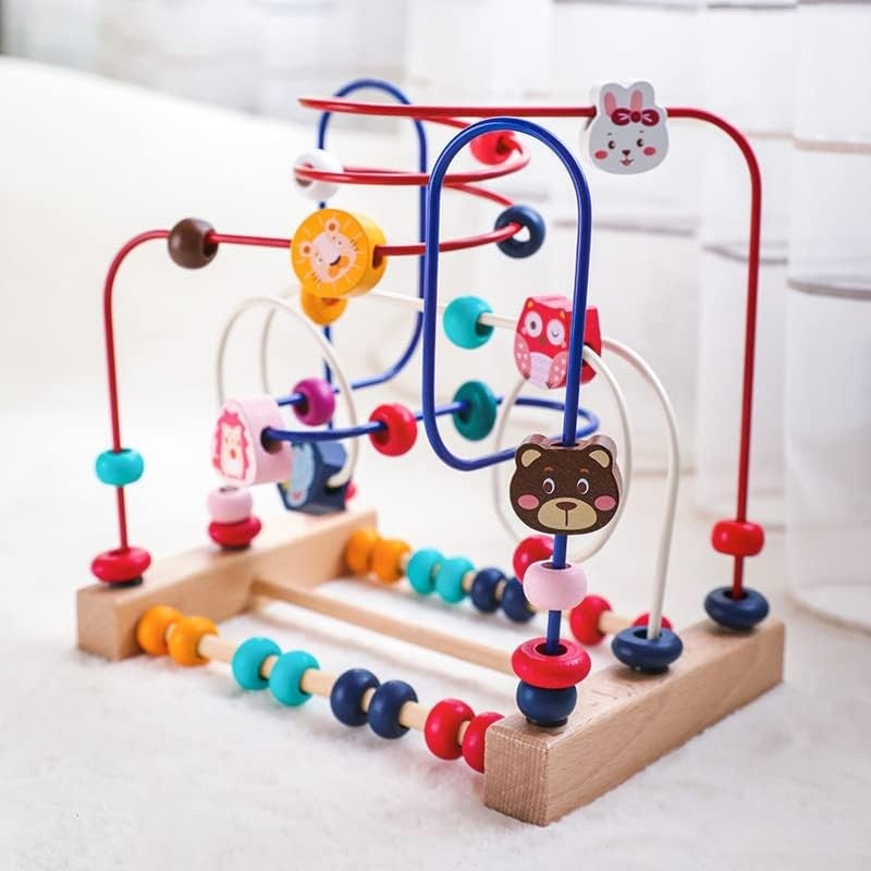Jucarie din lemn Montessori – Labirint motricitate cu abac si animalute