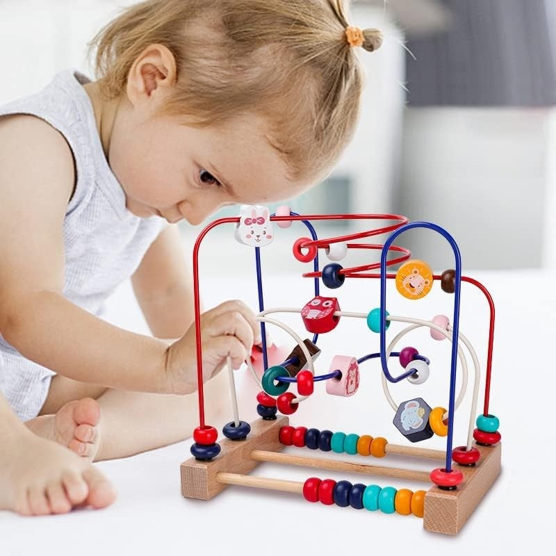 Jucarie din lemn Montessori – Labirint motricitate cu abac si animalute