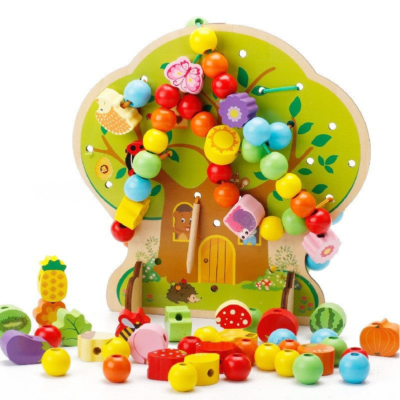 Jucarie Educativa Montessori 2 in 1 din Lemn, Model Pomul cu Fructe, 102 piese, Dezvoltare Motricitate Fina, Copii 3+ ani,Multicolor