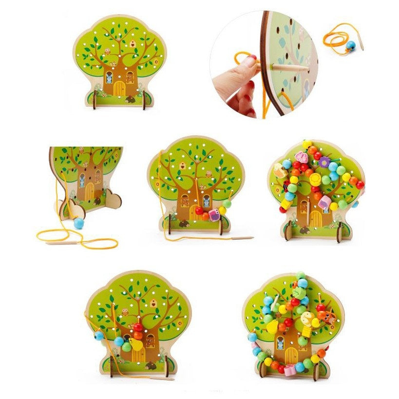 Jucarie Educativa Montessori 2 in 1 din Lemn, Model Pomul cu Fructe, 102 piese, Dezvoltare Motricitate Fina, Copii 3+ ani,Multicolor