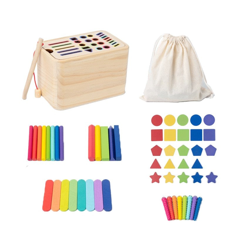 Jucarie Educativa Montessori din Lemn, Cutie Sortare Forme, Culori si Betisoare, Joc de Insirare, 56 piese,3+ ani, Multicolor
