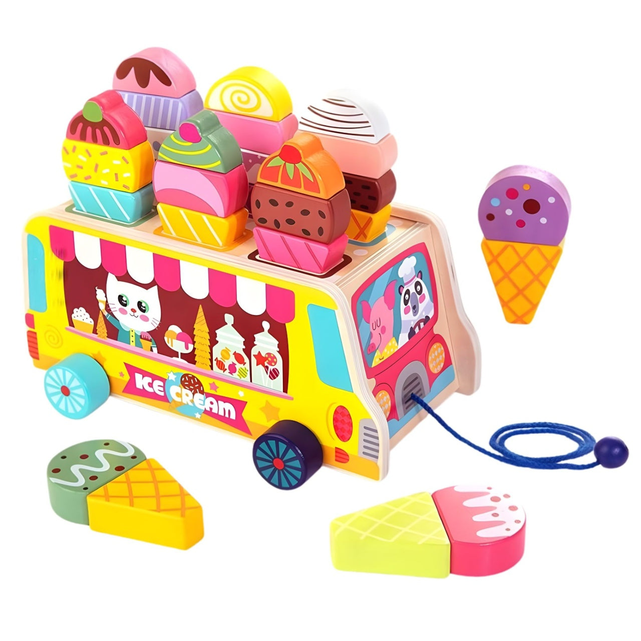 Jucarie Educativa Montessori, Model Camion de Inghetata, Sortator Forme, 22 x 11 x 12 cm, 3+ ani, Multicolor