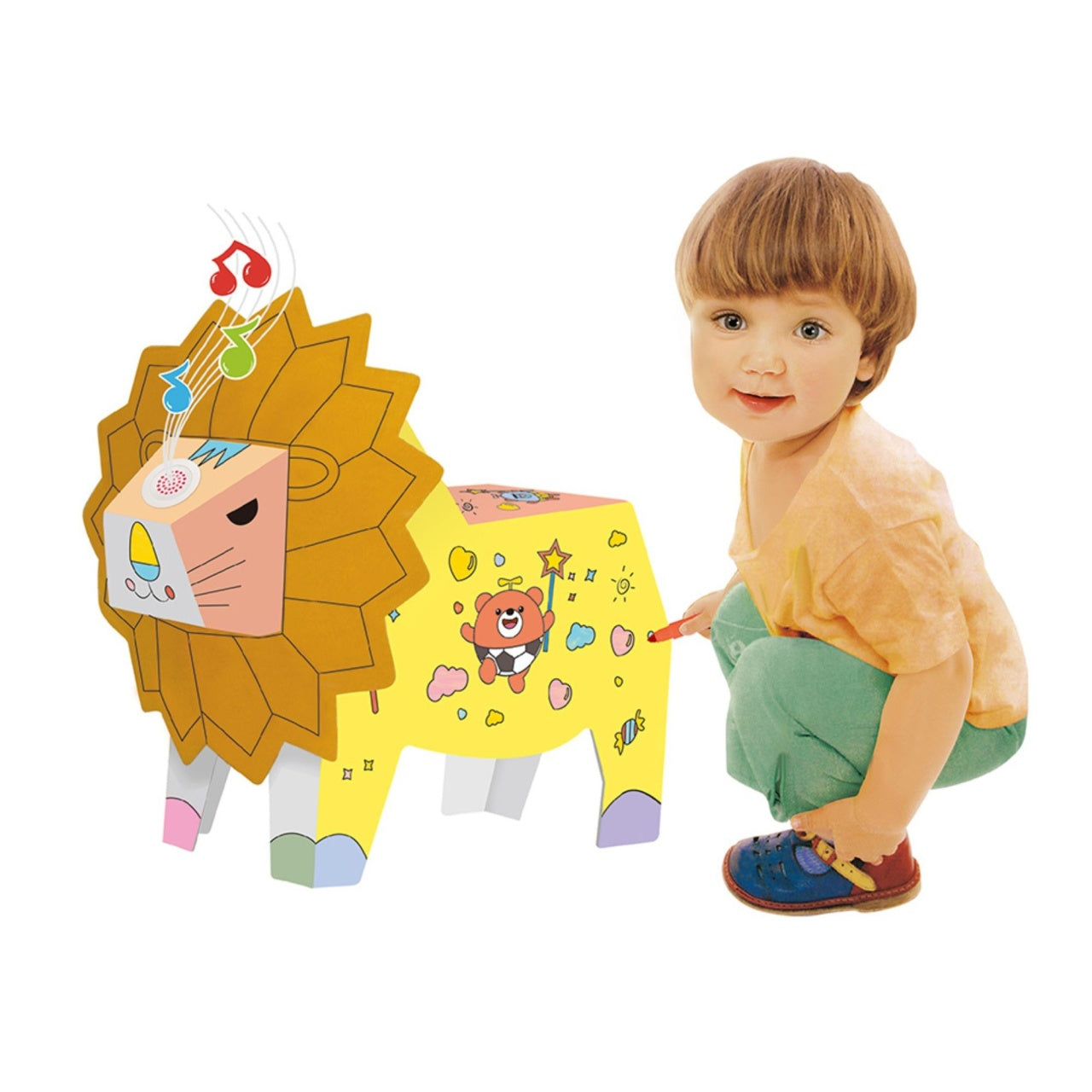 Jucarie Educativa pentru Copii, Model Leu 3D, Puzzle 3D de Asamblat si Colorat din Carton, Educativ, 41 x 12 x 33 cm, 3+ ani, Maro/Alb