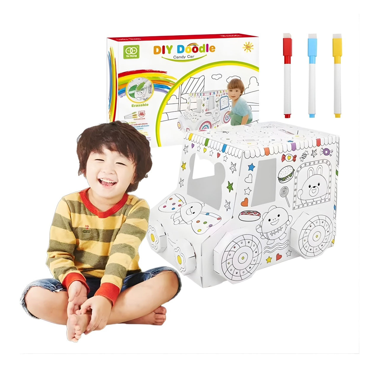 Jucarie Educativa pentru Copii, Model Masinuta 3D, Jucarie de Asamblat si Colorat, din Carton, 28 x 20 cm, 3+ ani, Alb