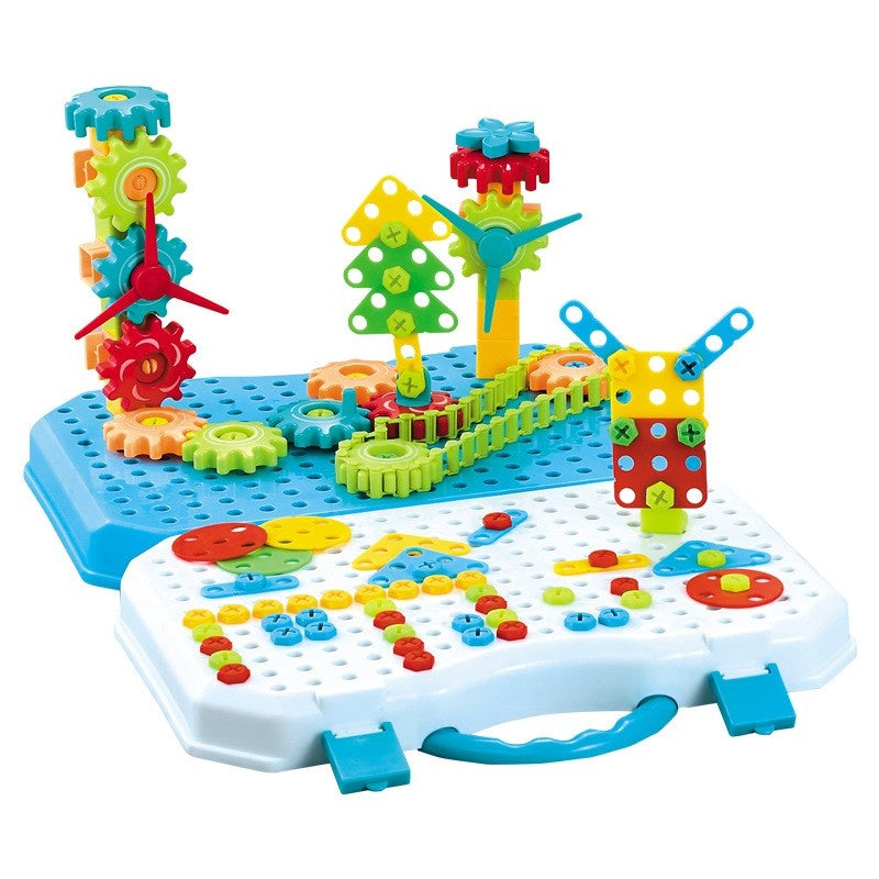 Jucarie Educativa Si Interactiva, Set De Constructie Puzzle Din ABS Cu Bormasina Pentru Dezvoltatea Creativitatii Si A Indemanarii 2D si 3D, Valiza, +3, 31x7x25 cm, 336 Piese